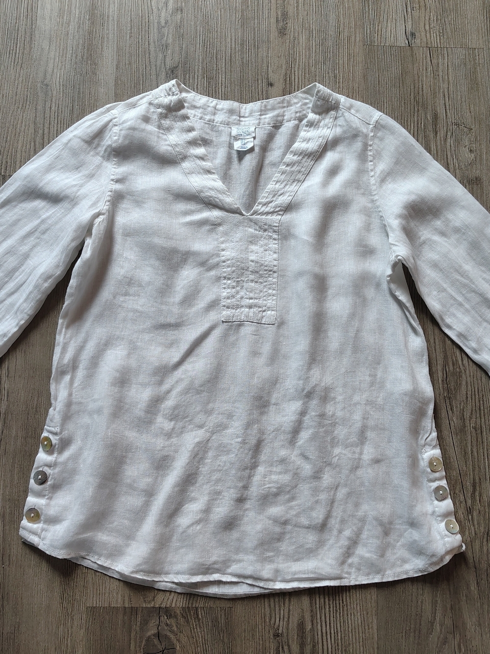 Sigrid Olsen 100% Linen V-Neck Tunic Blouse White Women's Size Small Side Button